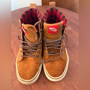 Vans Tan High-Top Sneakers with Red Plaid Interior